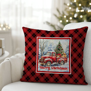 Warm red truck winter scene rustic red green throw pillow