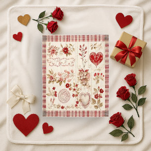 Warm Red Vintage Floral Heart Patchwork Fleece Blanket