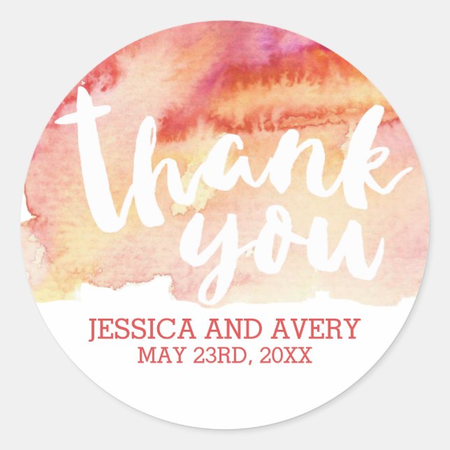 Warm Romance Watercolor Thank You Classic Round Sticker (Front)