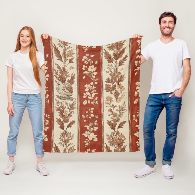 Warm Rust Hen Toile French Country Pattern Fleece Blanket (In Situ)