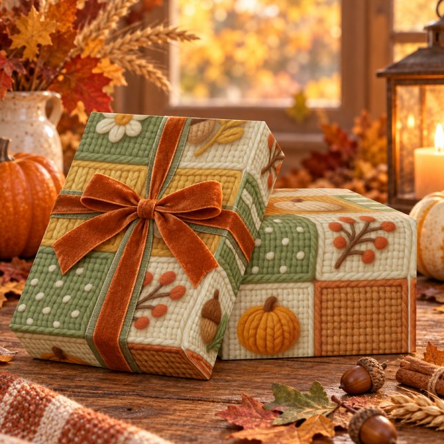 Warm Rustic Autumn Patchwork Pumpkin Orange Wrapping Paper (Creator Uploaded)