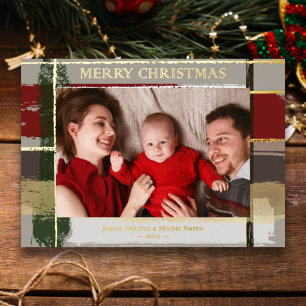 Warm Rustic Brushstrokes w/Gold Highlights Photo Foil Holiday Card