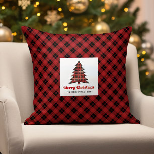 Warm Rustic Buffalo Plaid Family Christmas Pillow