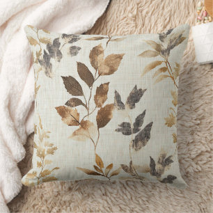 Warm Rustic Fall Leaves Pattern in Brown & Grey Throw Pillow