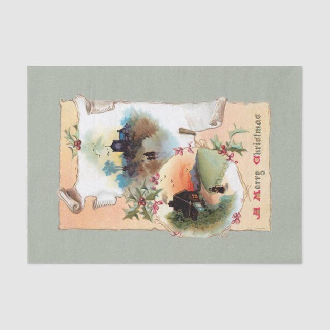 Warm Rustic Homesteads, Holly and Merry Christmas Tissue Paper (Front)