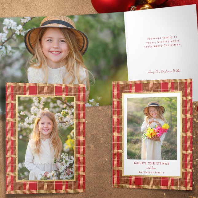 Warm Rustic Red & Gold Plaid Photo Tri-Fold Card (Creator Uploaded)