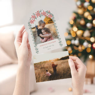 Warm Sage/Peach Christmas Floral Arch Photo All In One Invitation