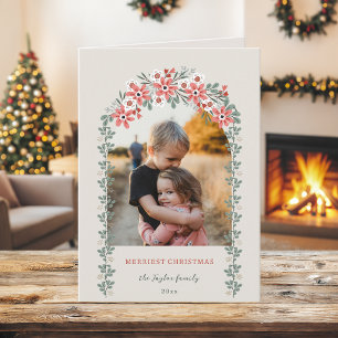 Warm Sage/Peach Christmas Floral Arch Photo Holiday Card