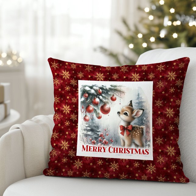 Warm snowy forest festive baby fawn scene kids  throw pillow (Warm snowy forest festive baby fawn scene kids room decor)