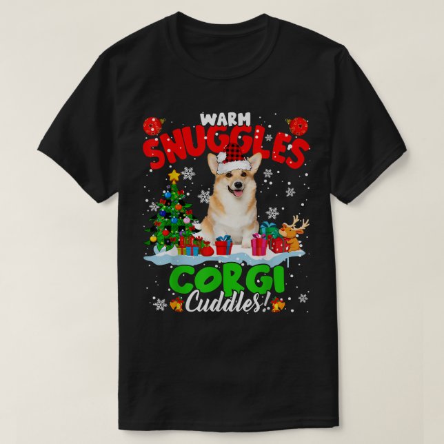 Warm Snuggles Corgi Cuddles Xmas Tree Plaid Santa  T-Shirt (Design Front)