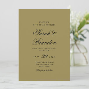 Warm Solid Color Olive green  Script Wedding Invitation
