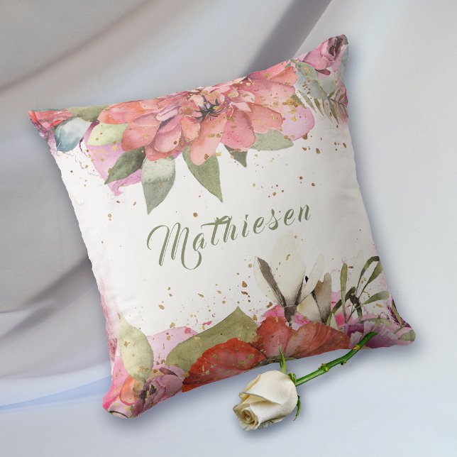 Warm Spring Flowers Gold Confetti Personalized Throw Pillow (Creator Uploaded)