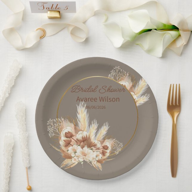 Warm Stone Boho Pampas Grass Shower Paper Plate (Wedding)