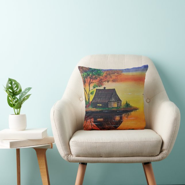 Warm Sunset Cottage Landscape Painting Throw Pillow (Chair)