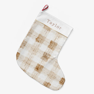 Warm Tan Brown Cream Plaid Stripes Christmas Large Christmas Stocking