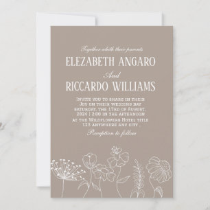 Warm Taupe Beige Terracotta Line Art Wildflower Invitation