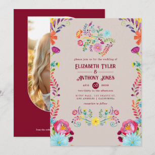 Warm Taupe/Burgundy Floral Mexican Fiesta Wedding Invitation
