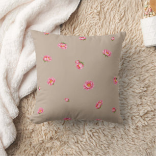 Warm Taupe Japanese Winter Peony Floral Pattern Throw Pillow