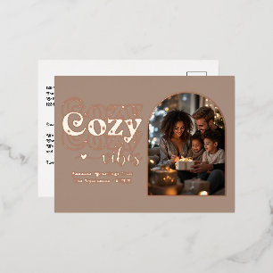 Warm Taupe & Rose Gold Cozy Vibes Retro Christmas Foil Holiday Postcard