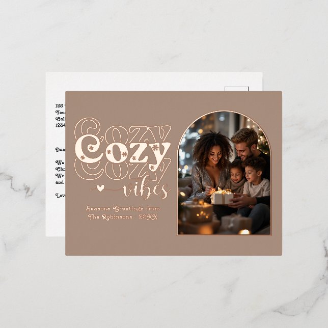 Warm Taupe & Rose Gold Cozy Vibes Retro Christmas Foil Holiday Postcard (Front/Back)