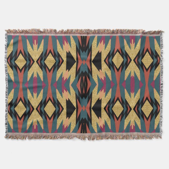 Warm Teal Earth Aztec Desert Gold Shimmer Throw Blanket (Front)