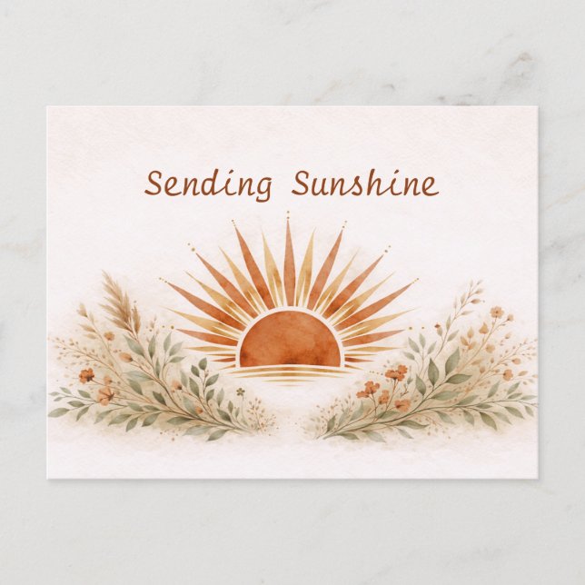 Warm Terracotta Boho Sunburst Botanical Postcard (Front)