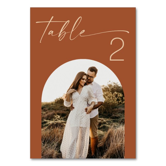 Warm Terracotta Fall Wedding | Sienna Modern Photo Table Number (Front)