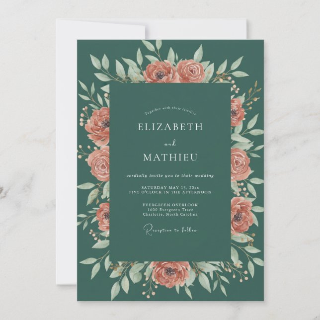 Warm Terracotta Teal Leafy Wedding Invitation (Front)
