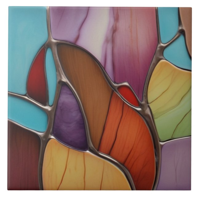 Warm Tone Faux Stained Glass Mosaic Abstract Art Tile (Front)