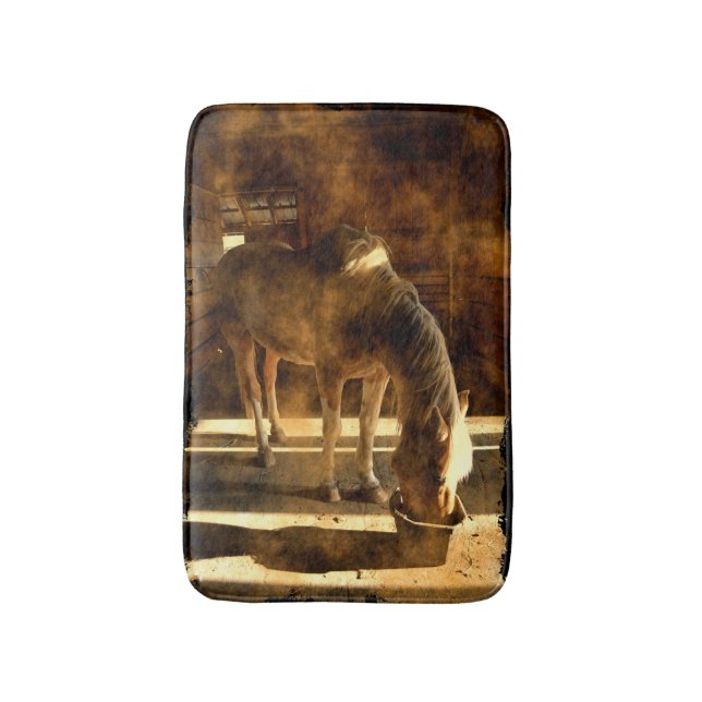 Warm-Toned Barn and Pinto Horse Feeding Bath Mat (Front Vertical)