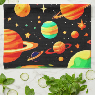 Warm-Toned Cosmic Cartoon Art Kitchen Towel
