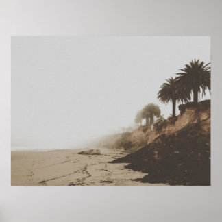 Warm Toned Foggy Beach with Palm Trees Poster