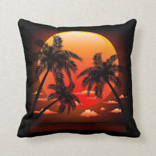 Warm Topical Sunset and Palm Trees Pillow