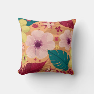 Warm Tropical Floral with Red and Green Leaves Throw Pillow