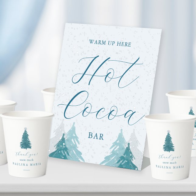 Warm Up Here Hot Cocoa Bar Wonderland Quinceanera  Pedestal Sign (Warm up here hot cocoa bar pedestal sign for a cold winter birthday wonderland quinceanera.)