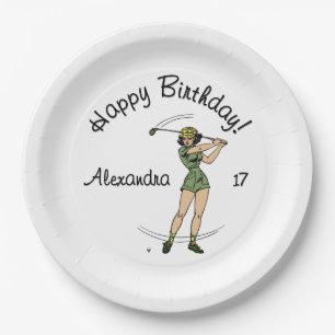 Warm Up Lady Golfer Happy Birthday Name Age Paper Plate