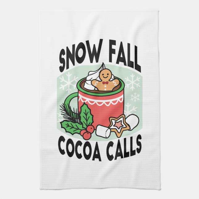 Warm Up with Snow Fall Cocoa Calls - Winter Drink Kitchen Towel (Vertical)