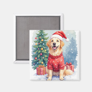 Warm Watercolor Golden Retriever Christmas Tree Magnet