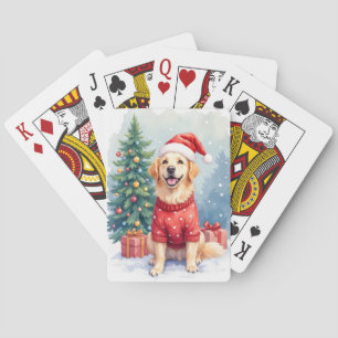Warm Watercolor Golden Retriever Christmas Tree Playing Cards
