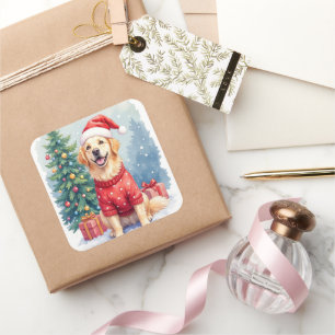 Warm Watercolor Golden Retriever Christmas Tree Square Sticker