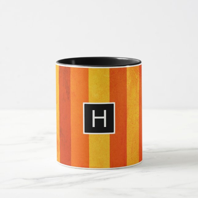 Warm Weathered Orange Red Stripes Monogram Mug (Center)
