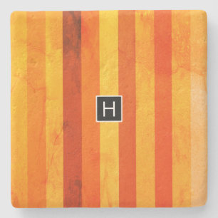 Warm Weathered Orange Red Stripes Monogram Stone Coaster