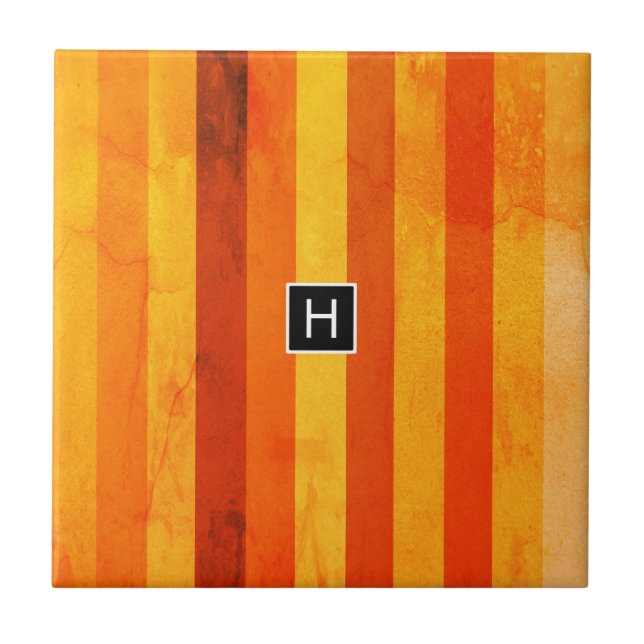 Warm Weathered Orange Red Stripes Monogram Tile (Front)