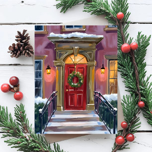 Warm Welcome Christmas Red Wreath Cozy Painting Holiday Postcard
