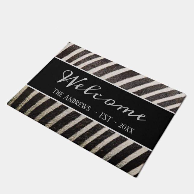 Warm Welcome Modern Zebra Print Personalised Doormat (Angled)