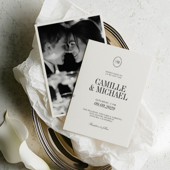 Warm White Soft Black Monogram Photo Wedding Invitation (Warm White Soft Black Monogram Photo Wedding Invitation)