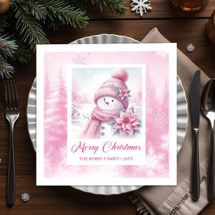 Warm Winter Forest Pink Snowman Christmas Napkins