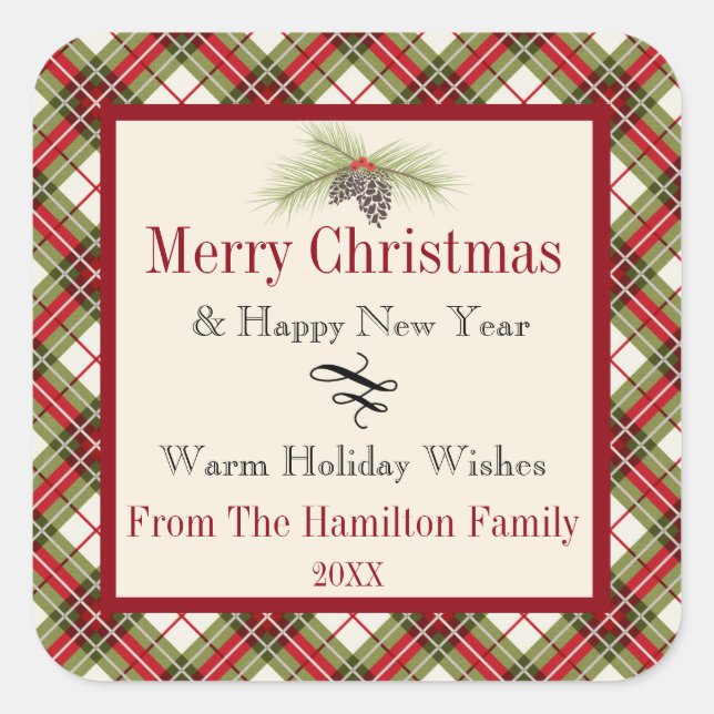 Warm Winter Plaid Personalized Holiday Square Sticker (Front)
