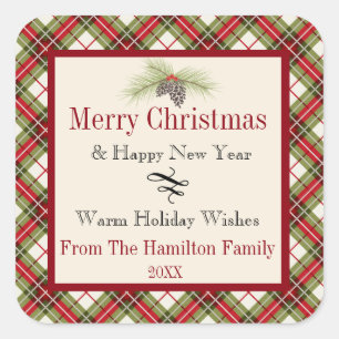 Warm Winter Plaid Personalized Holiday Square Sticker