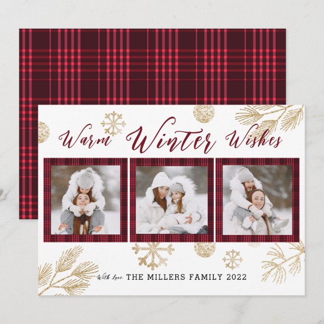 Warm Winter Wishes 3 Photo Collage   Holiday Card (Front/Back)